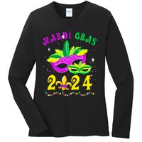 Mardi Gras Mardi Gras Beads Mask Joker Hat Carnival 2024 Ladies Long Sleeve Shirt