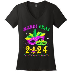 Mardi Gras Mardi Gras Beads Mask Joker Hat Carnival 2024 Women's V-Neck T-Shirt