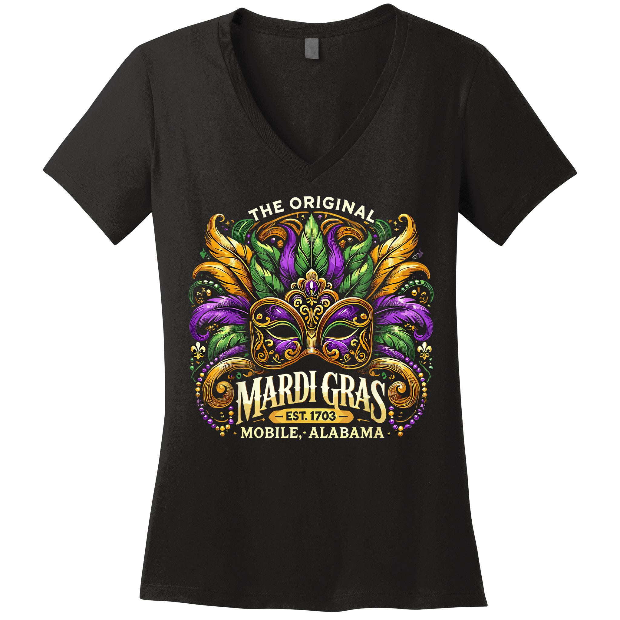 Mardi Gras Mask The Original Mobile Alabama Mardi Gras Women's V-Neck T-Shirt