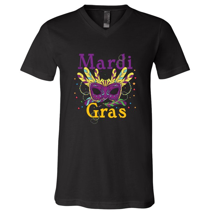 Mardi Gras Mask Celebration Fat Tuesday Gift Fleur De Lis V-Neck T-Shirt