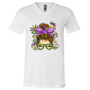 Mardi Gras Messy Bun Costume Party Gift V-Neck T-Shirt