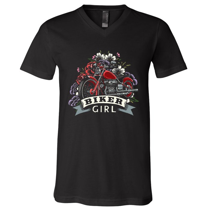 Motorcycle Girl Motorbike Motorcyclist Biker Girl V-Neck T-Shirt