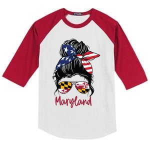 Maryland Girl Maryland Flag State Girlfriend Messy Bun Kids Colorblock Raglan Jersey