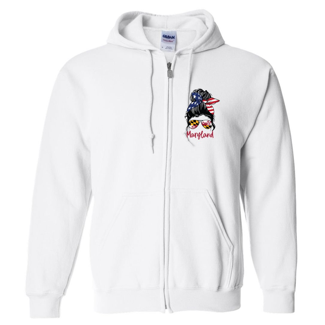 Maryland Girl Maryland Flag State Girlfriend Messy Bun Full Zip Hoodie