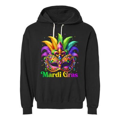 Mardi Gras Mask Feather Party Mardi Gras Carnival Mask Fleur De Lis Garment-Dyed Fleece Hoodie