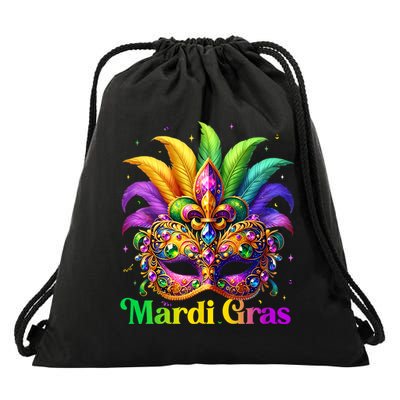 Mardi Gras Mask Feather Party Mardi Gras Carnival Mask Fleur De Lis Drawstring Bag