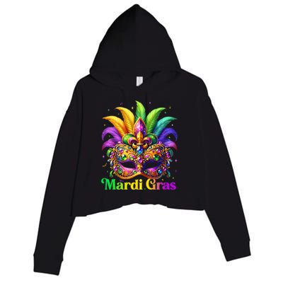 Mardi Gras Mask Feather Party Mardi Gras Carnival Mask Fleur De Lis Crop Fleece Hoodie