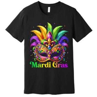 Mardi Gras Mask Feather Party Mardi Gras Carnival Mask Fleur De Lis Premium T-Shirt