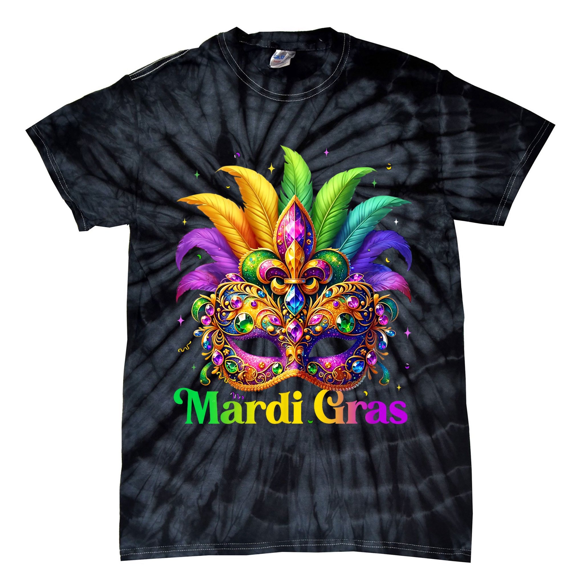 Mardi Gras Mask Feather Party Mardi Gras Carnival Mask Fleur De Lis Tie-Dye T-Shirt