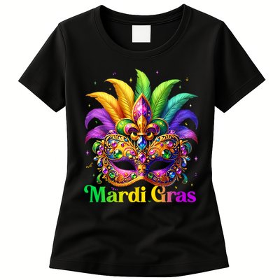 Mardi Gras Mask Feather Party Mardi Gras Carnival Mask Fleur De Lis Womens T-Shirt
