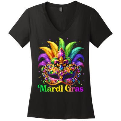 Mardi Gras Mask Feather Party Mardi Gras Carnival Mask Fleur De Lis Women's V-Neck T-Shirt