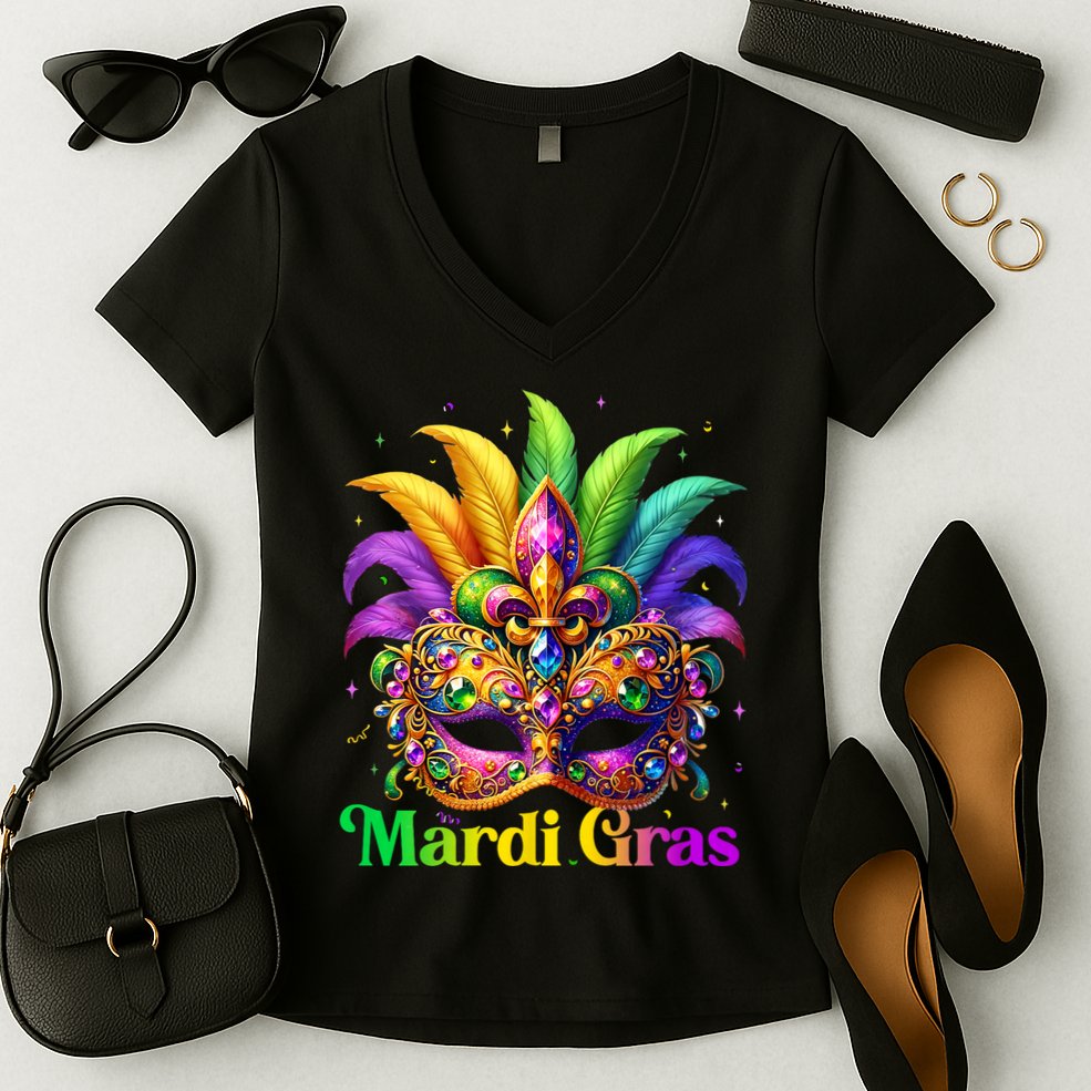 Mardi Gras Mask Feather Party Mardi Gras Carnival Mask Fleur De Lis Women's V-Neck T-Shirt