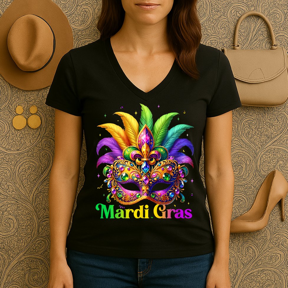 Mardi Gras Mask Feather Party Mardi Gras Carnival Mask Fleur De Lis Women's V-Neck T-Shirt