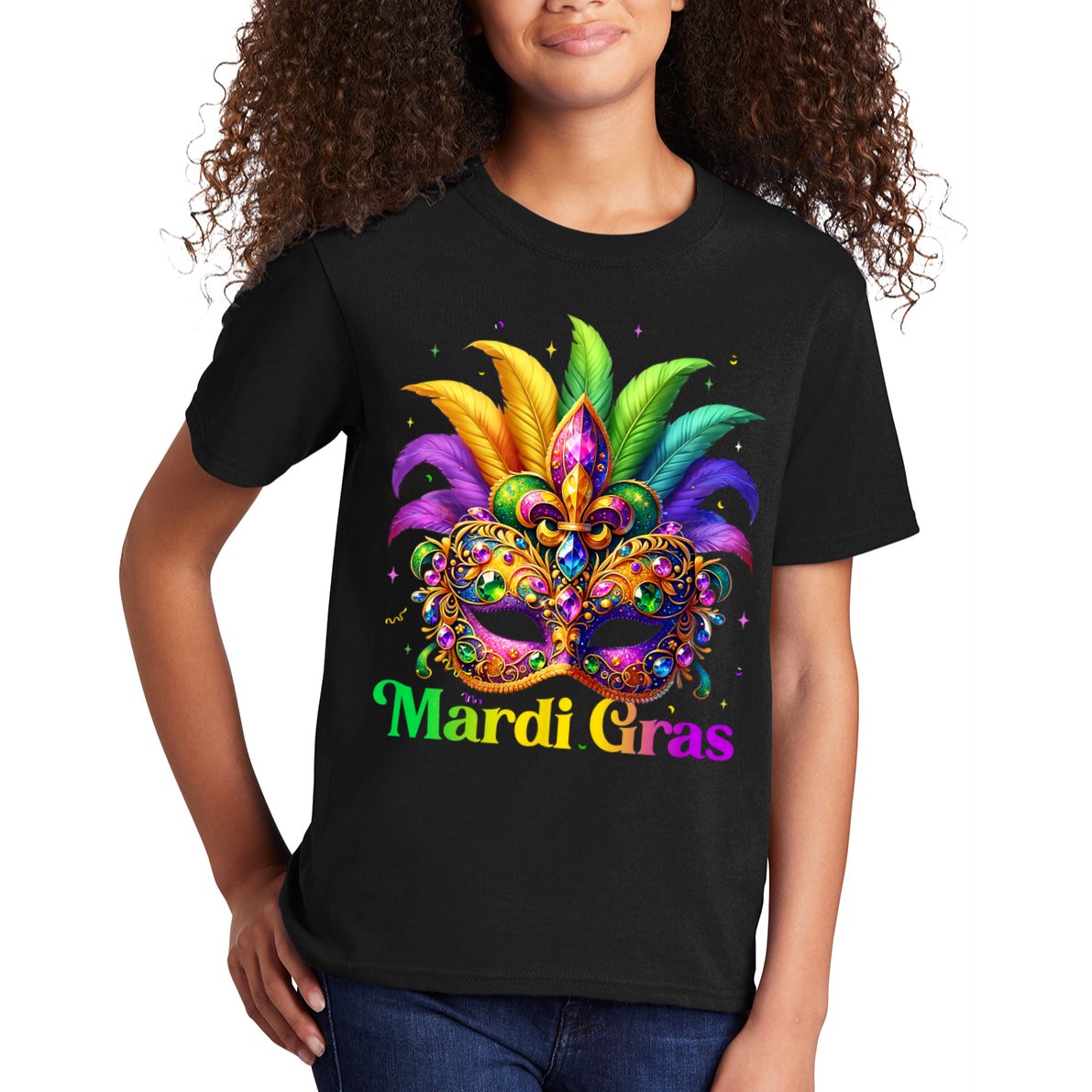 Mardi Gras Mask Feather Party Mardi Gras Carnival Mask Fleur De Lis Kids T-Shirt
