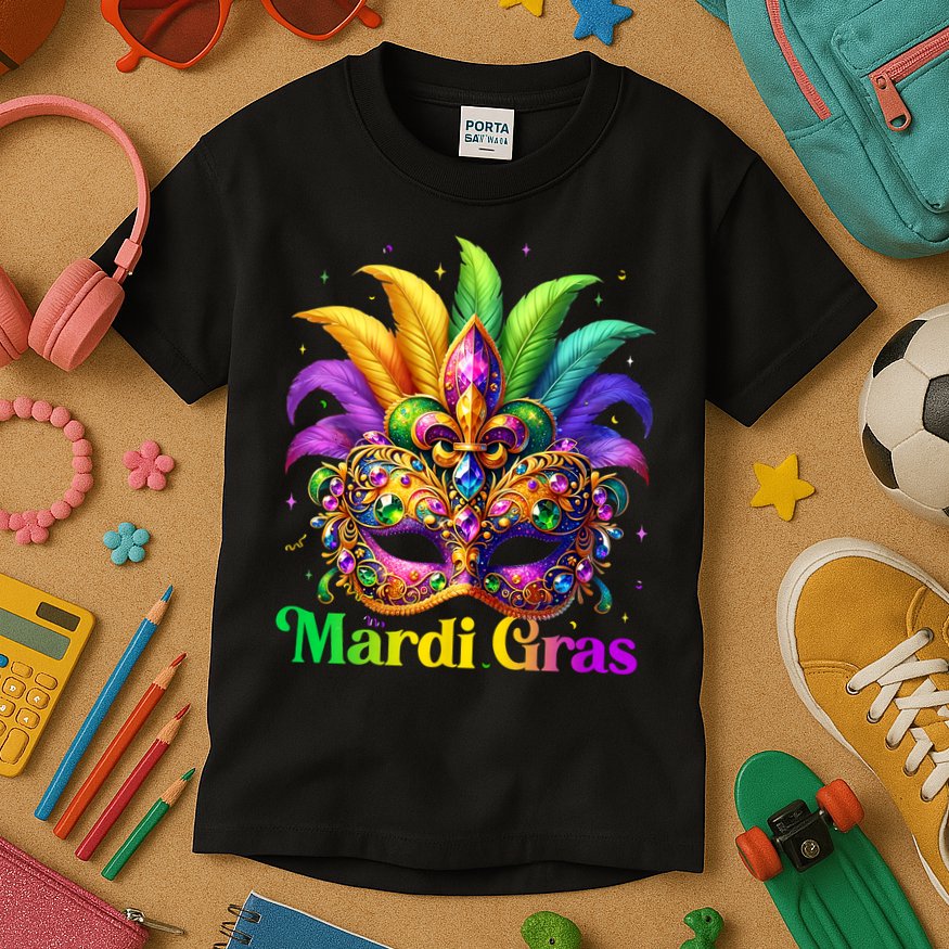 Mardi Gras Mask Feather Party Mardi Gras Carnival Mask Fleur De Lis Kids T-Shirt