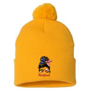 Maryland Girl Maryland Flag State Girlfriend Messy Bun Pom Pom 12in Knit Beanie