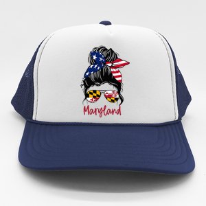 Maryland Girl Maryland Flag State Girlfriend Messy Bun Trucker Hat