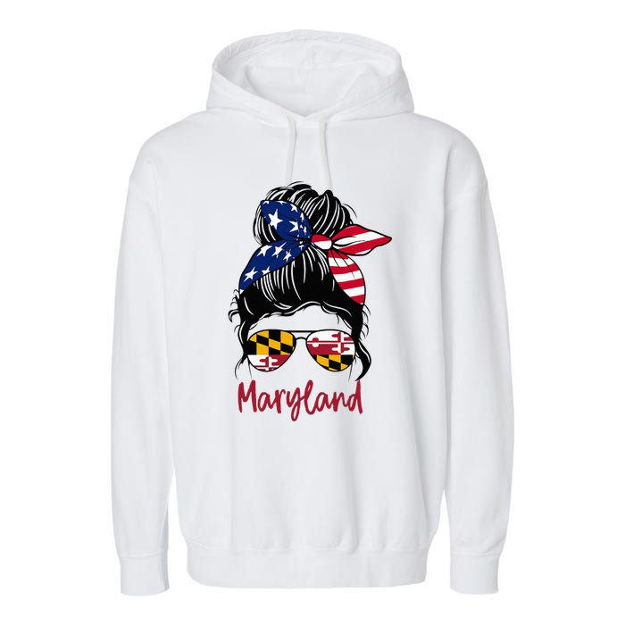 Maryland Girl Maryland Flag State Girlfriend Messy Bun Garment-Dyed Fleece Hoodie