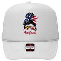 Maryland Girl Maryland Flag State Girlfriend Messy Bun High Crown Mesh Back Trucker Hat