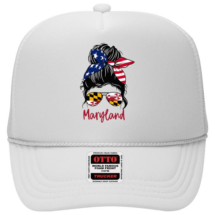 Maryland Girl Maryland Flag State Girlfriend Messy Bun High Crown Mesh Back Trucker Hat