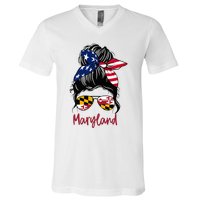 Maryland Girl Maryland Flag State Girlfriend Messy Bun V-Neck T-Shirt