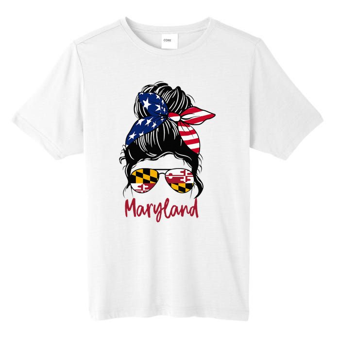 Maryland Girl Maryland Flag State Girlfriend Messy Bun Tall Fusion ChromaSoft Performance T-Shirt