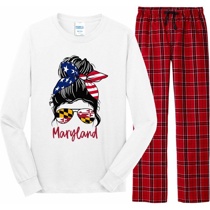 Maryland Girl Maryland Flag State Girlfriend Messy Bun Long Sleeve Pajama Set