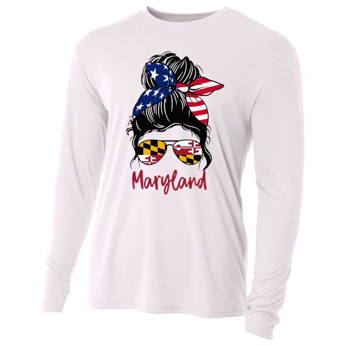 Maryland Girl Maryland Flag State Girlfriend Messy Bun Cooling Performance Long Sleeve Crew