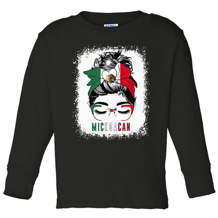 Michoacan Girl Messy Bun Bandana And Glasses Mexico Mexican Toddler Long Sleeve Shirt