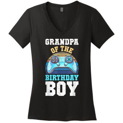 Men Grandpa Of The Birthday Boy Matching Video Gamer Birthday Women's V-Neck T-Shirt