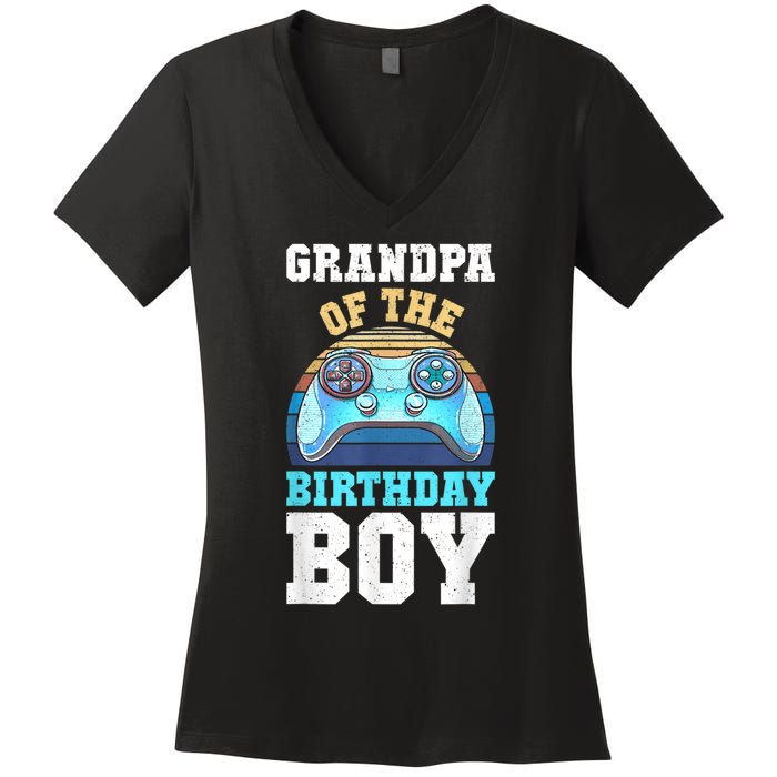 Men Grandpa Of The Birthday Boy Matching Video Gamer Birthday Women's V-Neck T-Shirt