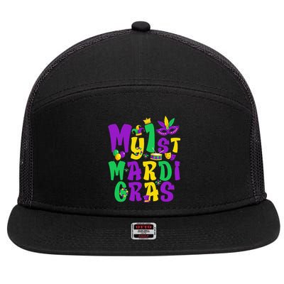 Mardi Gras Party My First Mardi Gras For 7 Panel Mesh Trucker Snapback Hat