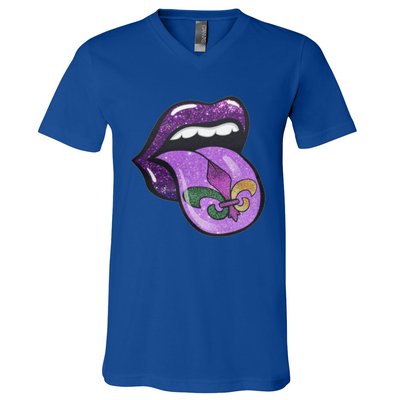 Mardi Gras Purple Lips And Tongue Tie Dye Gift V-Neck T-Shirt