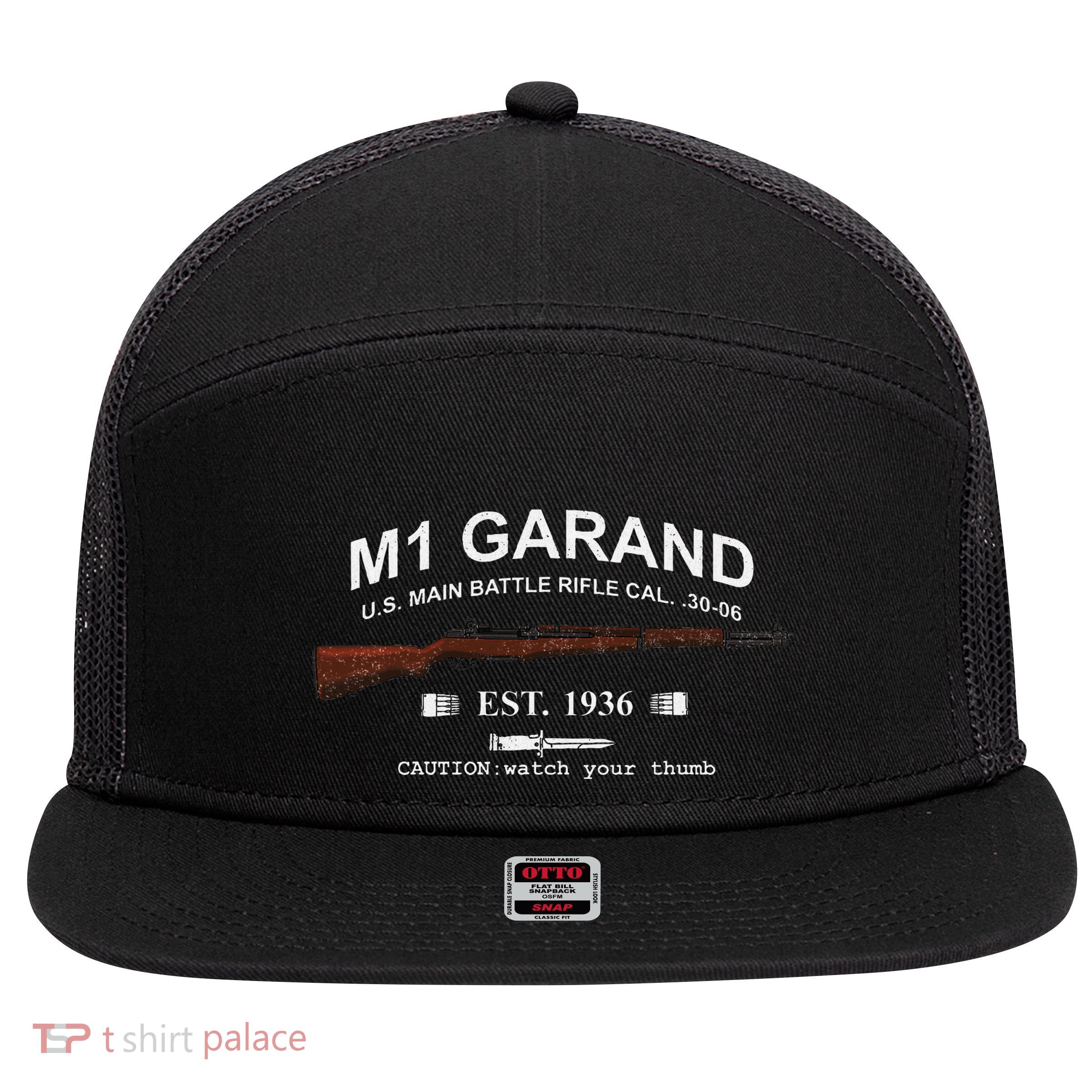 M1 Garand Rifle Gun Wwii Watch Your Thumb Est 1936 Graphic 7 Panel Mesh Trucker Snapback Hat