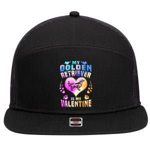 My Golden Retriever Is My Valentine's Watercolor Gift 7 Panel Mesh Trucker Snapback Hat