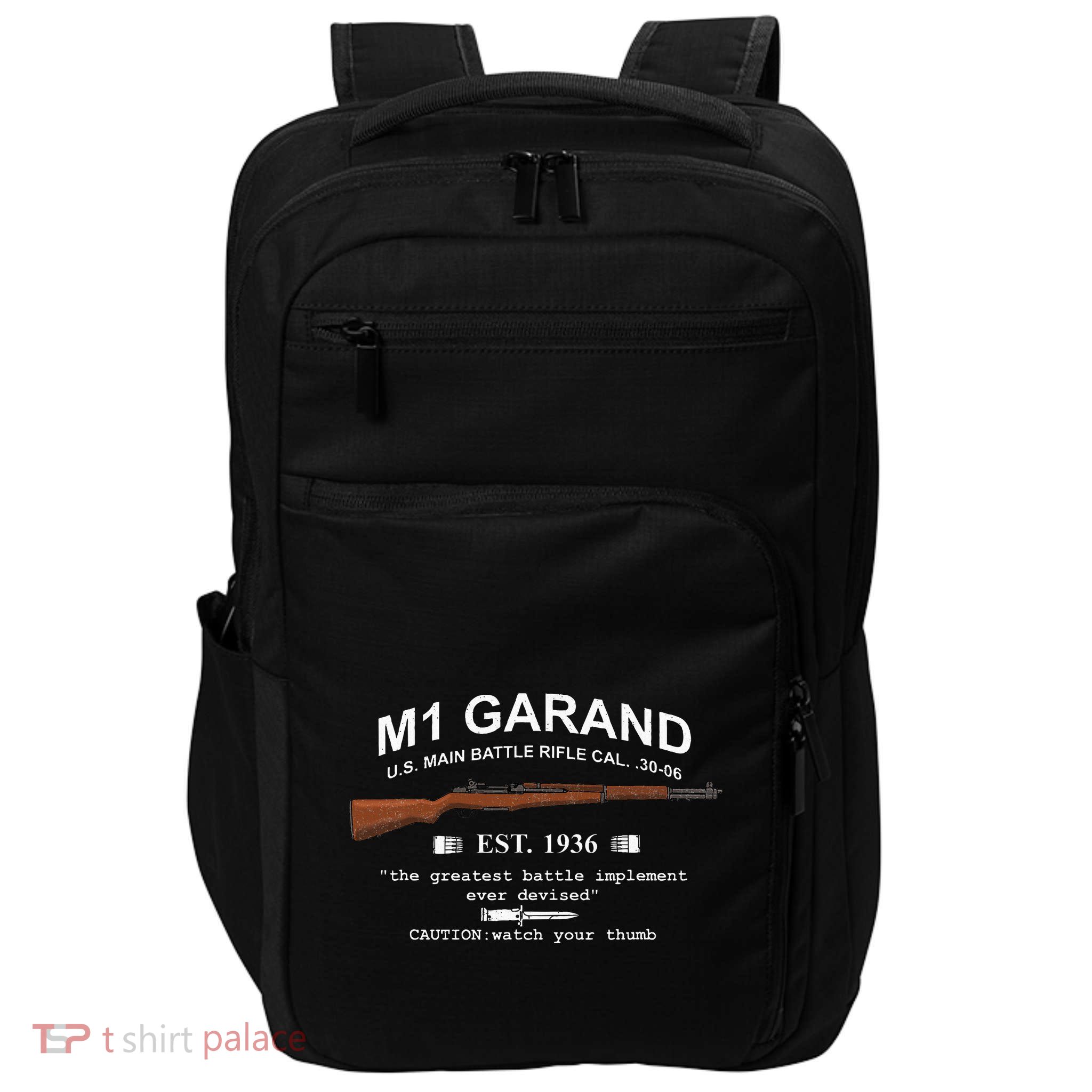 M1 Garand Rifle Gun Wwii Watch Your Thumb Est 1936 Graphic Impact Tech Backpack