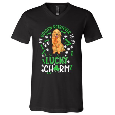 My Golden Retriever Is My Lucky Dog St Patrick's Day V-Neck T-Shirt