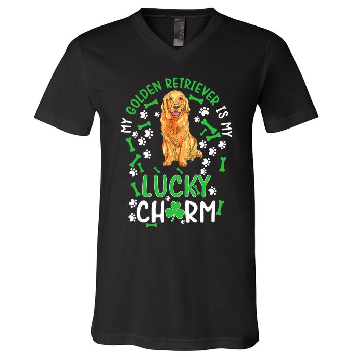 My Golden Retriever Is My Lucky Dog St Patrick's Day V-Neck T-Shirt