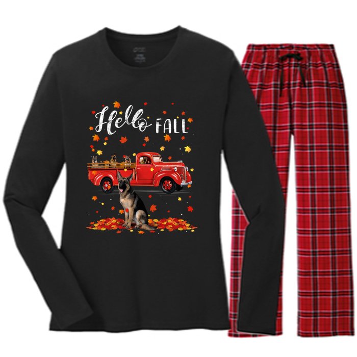 Maple German Shepherd Dog Leaf Fall Autumn Red Truck Gift Women's Long Sleeve Flannel Pajama Set 