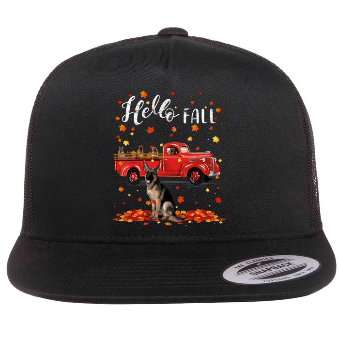 Maple German Shepherd Dog Leaf Fall Autumn Red Truck Gift Flat Bill Trucker Hat