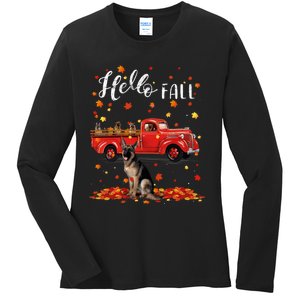 Maple German Shepherd Dog Leaf Fall Autumn Red Truck Gift Ladies Long Sleeve Shirt