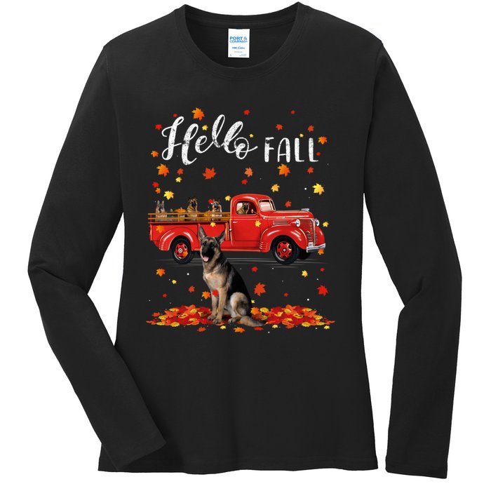 Maple German Shepherd Dog Leaf Fall Autumn Red Truck Gift Ladies Long Sleeve Shirt