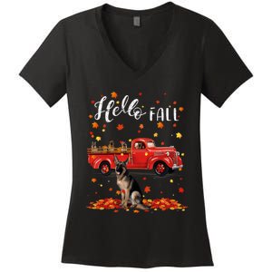 Maple German Shepherd Dog Leaf Fall Autumn Red Truck Gift Women's V-Neck T-Shirt