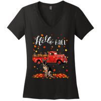 Maple German Shepherd Dog Leaf Fall Autumn Red Truck Gift Women's V-Neck T-Shirt