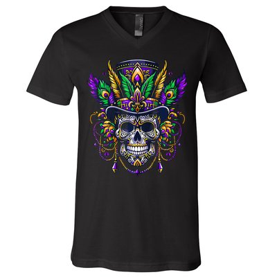 Mardi Gras Skull Top Hat New Orleans Witch Doctor Voodoo V-Neck T-Shirt