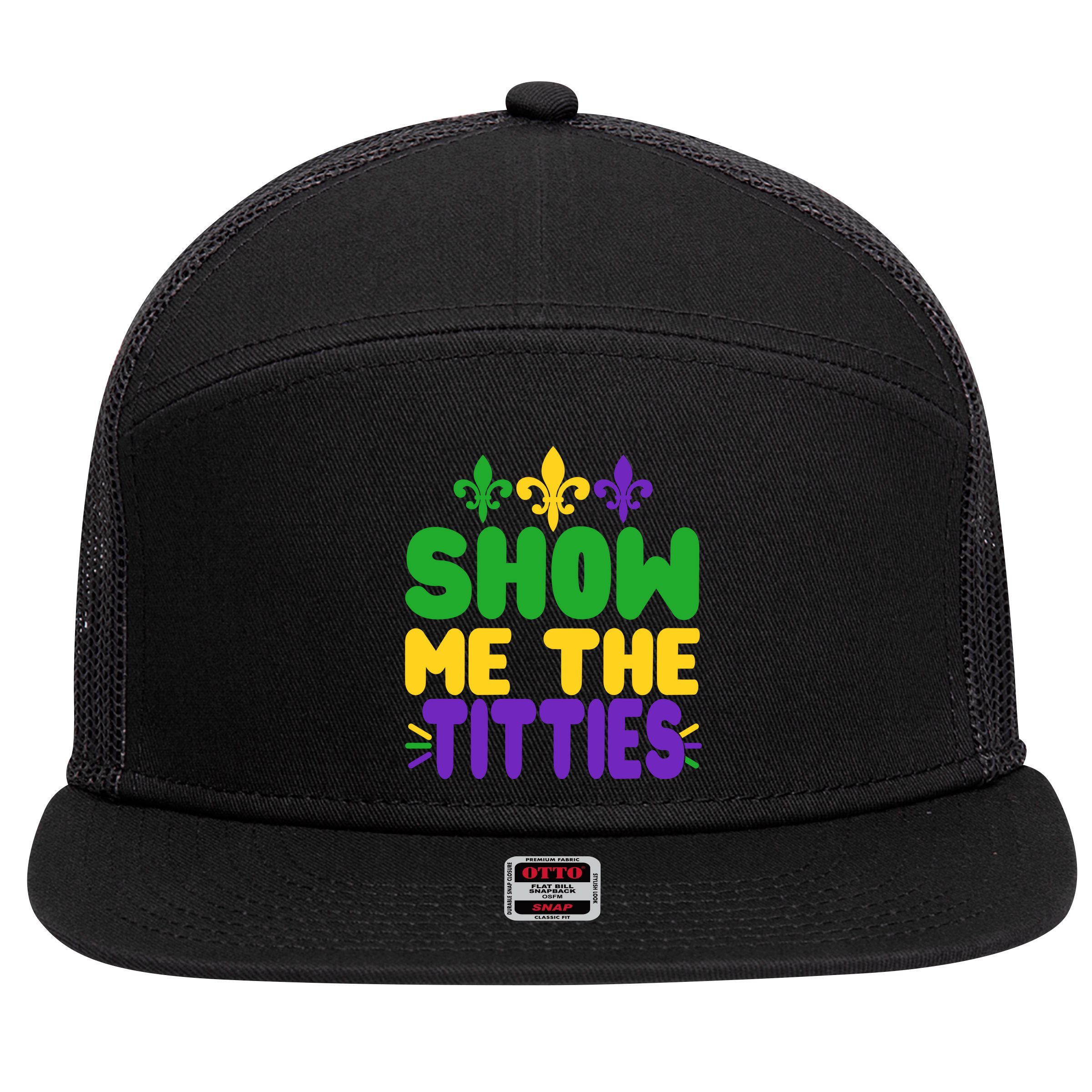 Mardi Gras Show Me The Titties 7 Panel Mesh Trucker Snapback Hat