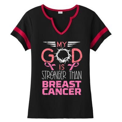 My God Stronger Than Breast Cancer Awareness Christian Women Ladies Halftime Notch Neck Tee