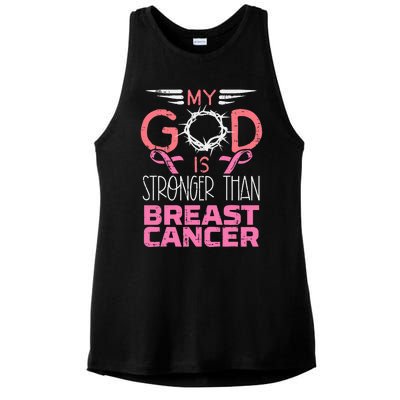 My God Stronger Than Breast Cancer Awareness Christian Women Ladies PosiCharge Tri-Blend Wicking Tank