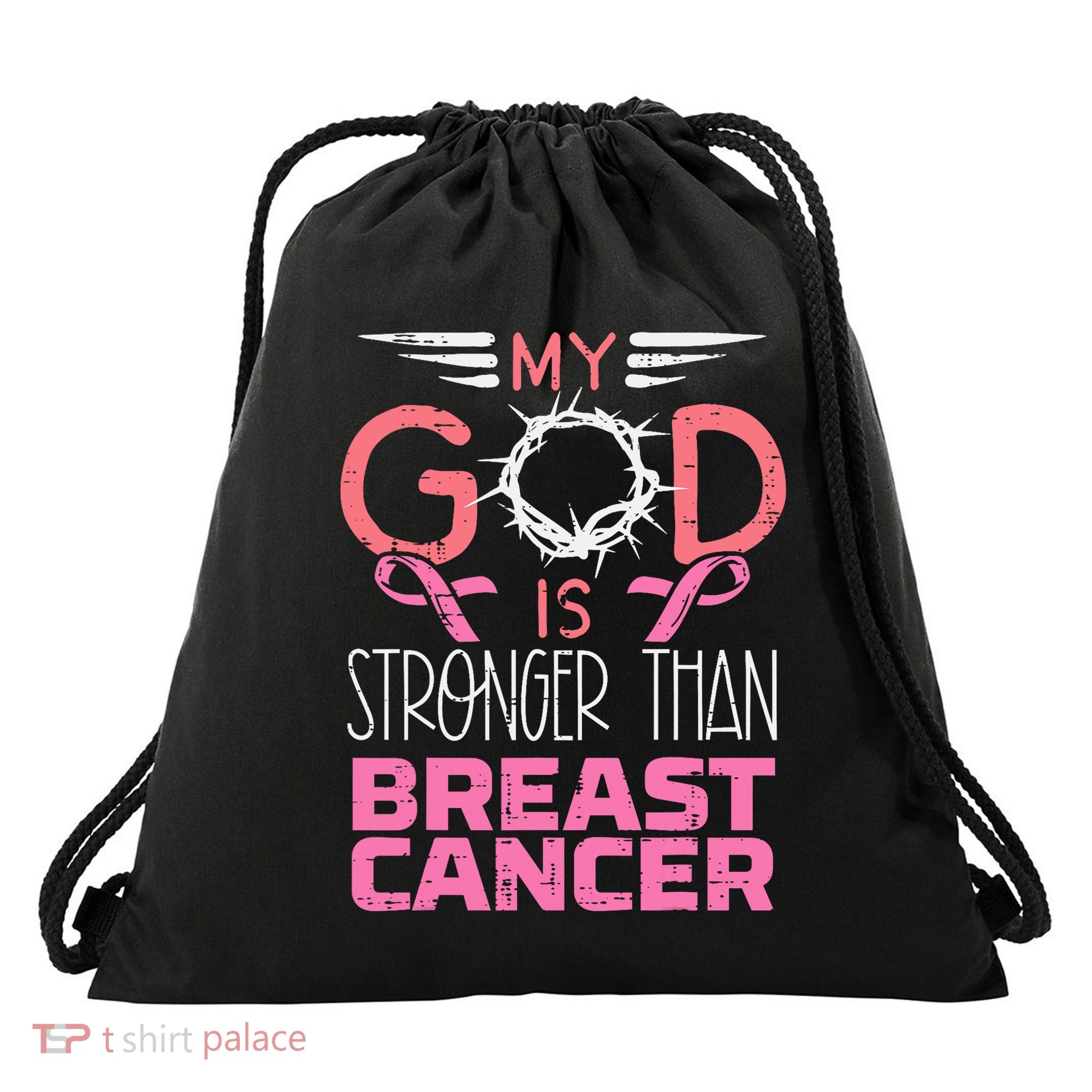 My God Stronger Than Breast Cancer Awareness Christian Women Drawstring Bag