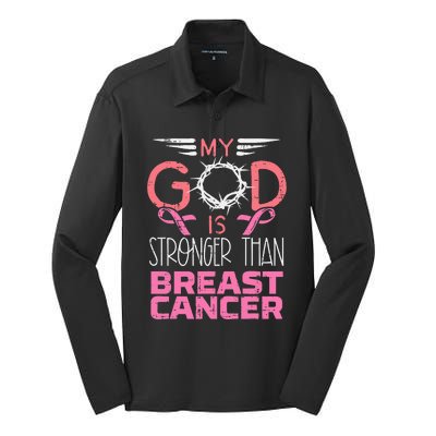 My God Stronger Than Breast Cancer Awareness Christian Women Silk Touch Performance Long Sleeve Polo